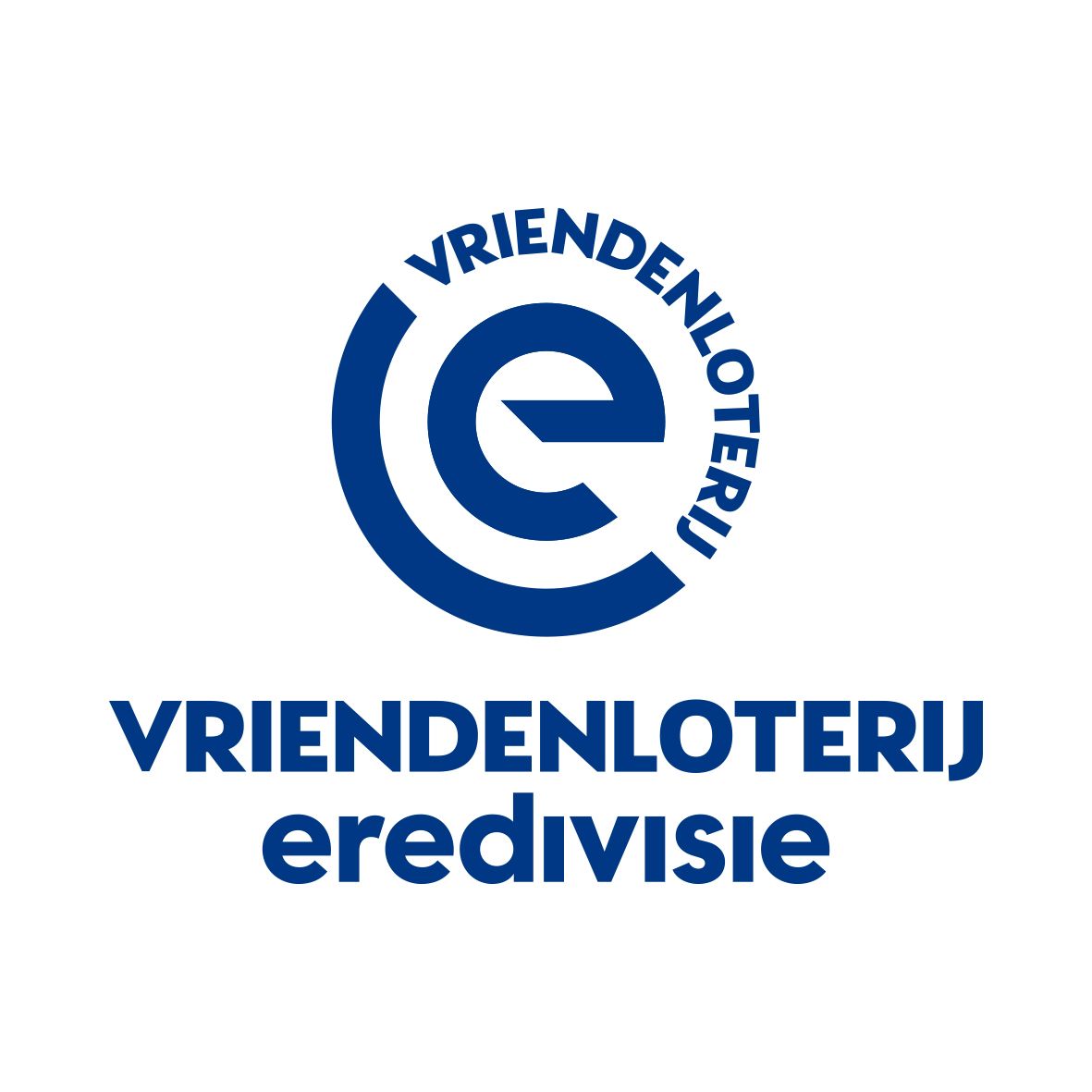 Het logo van de Vriendenloterij Eredivisie met een ronde blauwe vorm met een gestileerde letter “E”.