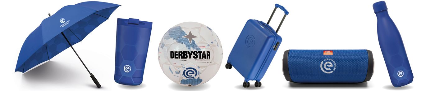VriendenLoterij Eredivisie prijzen: een paraplu, een reisbeker, een voetbal, een koffer, een speaker en een waterfles.
