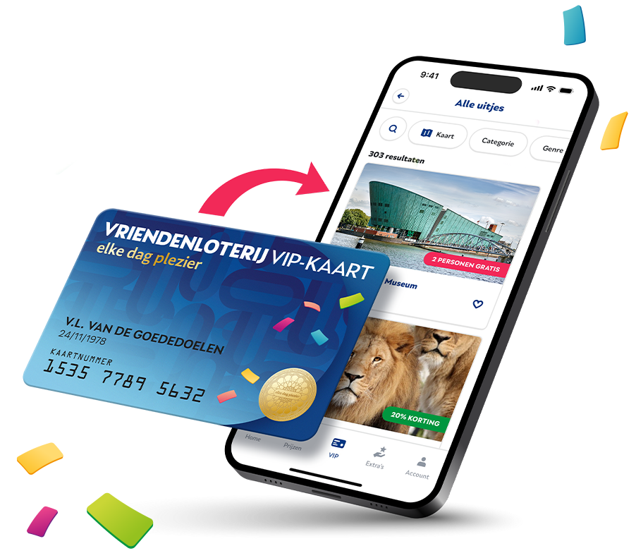 Een smartphone toont een app om tickets te kopen voor uitjes. Ernaast een VIP-kaart en confetti.